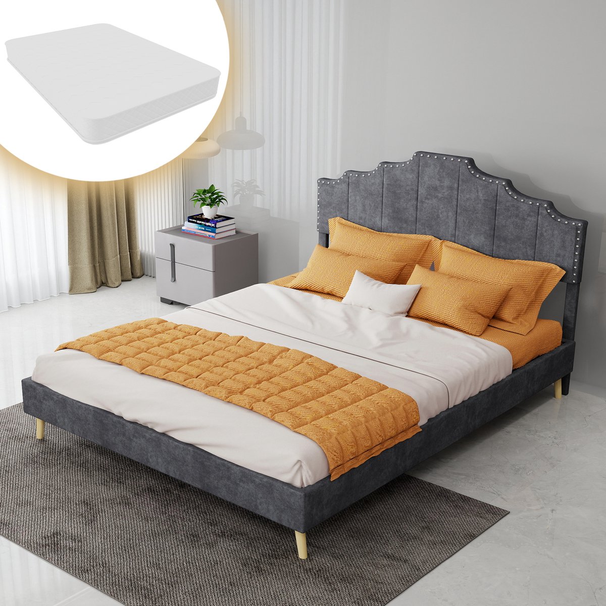 COVREO Bedframe met geometrisch hoofdbord en matras – 140x200 cm – Bed voor slaapkamer en dagelijks gebruik – Grijs - met matras