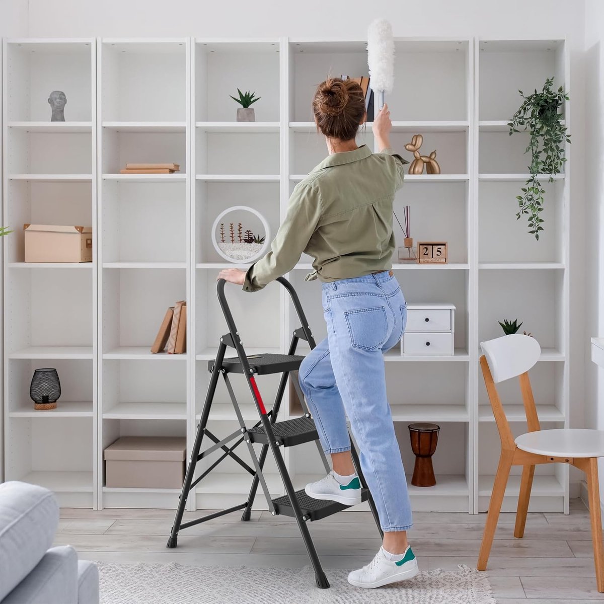 Opvouwbare 3-Trapsladder - Opstapladder Vouwtrap - Bereiken van Hoge Planken - Brede Antislip Pedalen - 150 kg Capaciteit - Zwart