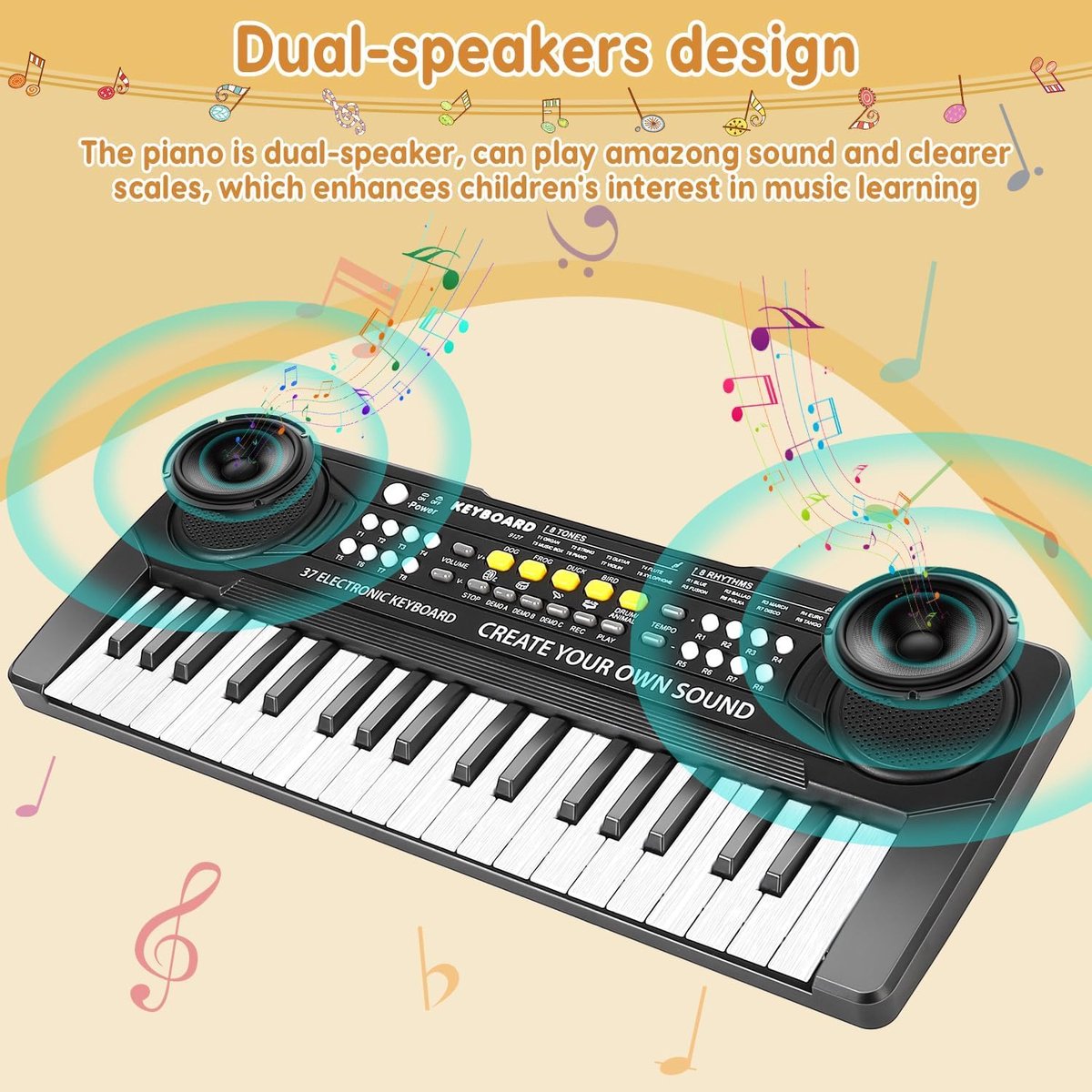 Kinderkeyboard 37 Toetsen – Elektronische Piano met Microfoon – 8 Ritmes, 11 Liedjes & Opnamefunctie – Vanaf 3 Jaar