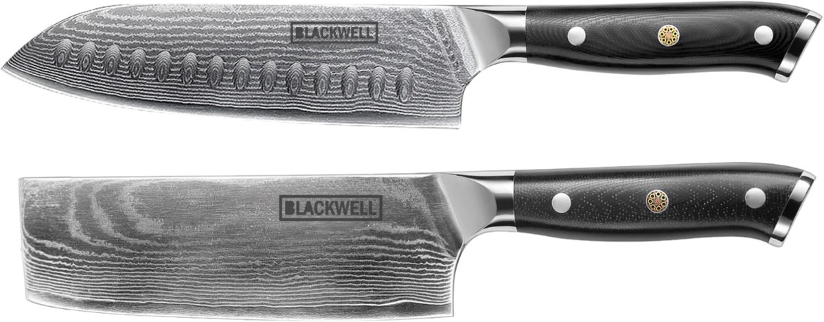 Blackwell Messenset Damascus Zwart - Santokumes + Nakirimes - 2-delig, 67 Lagen VG10 Damaststaal - Ergonomisch Handvat