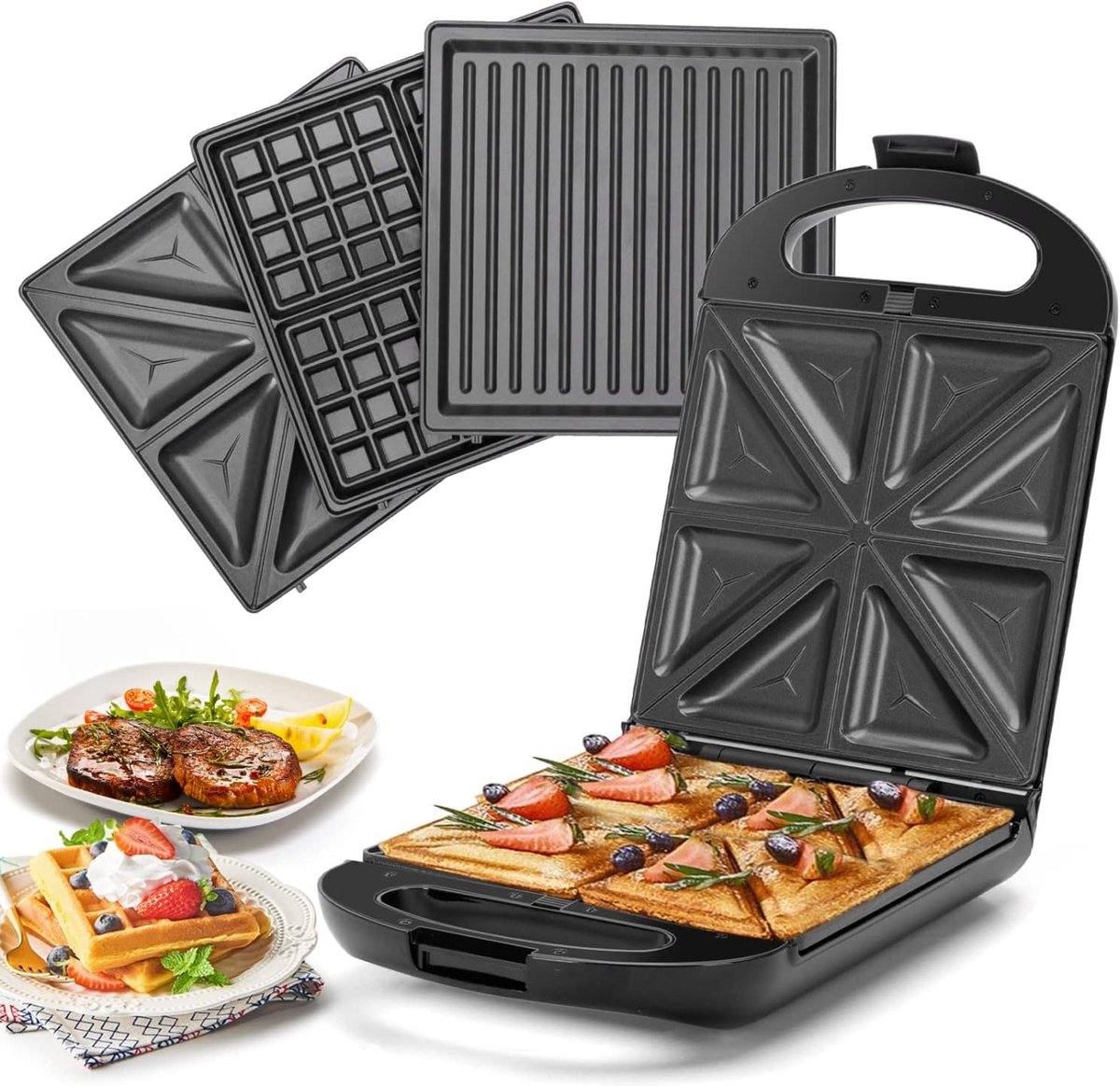 Tosti-ijzer - Zwart - 1200 W - Multifunctioneel 3-in-1 met Uitneembare Platen - Voor Sandwiches en Wafels