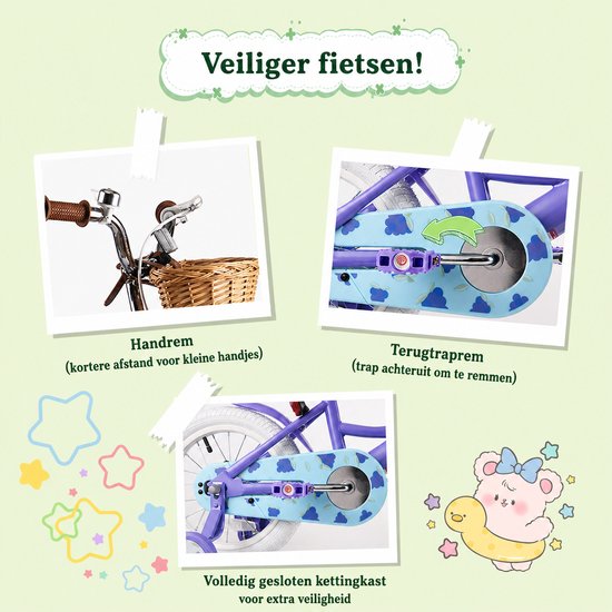 Rully Meisjesfiets - 12/14/16 inch - Fruitendesign - Met Zijwieltjes, Bruine Rieten Mand en Poppenzitje -Paars — afbeelding 4