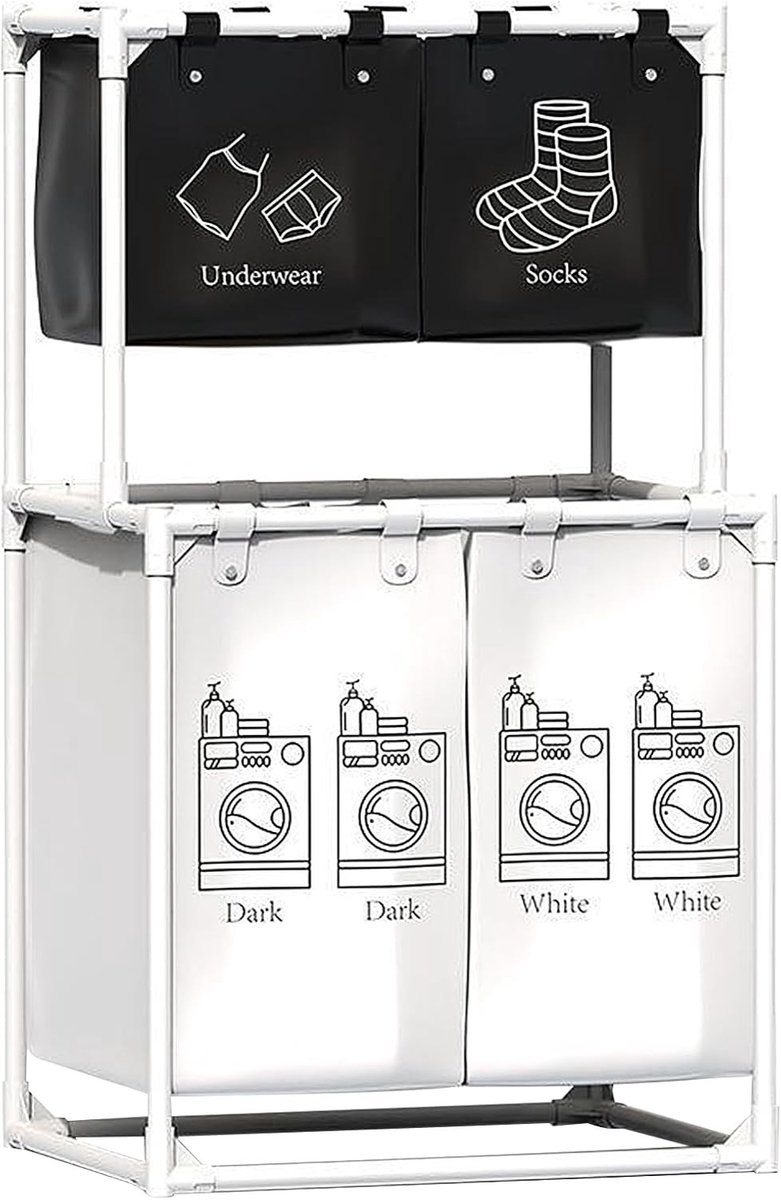 Multifunctionele Wasmand - Wit en Zwart - 56 x 39 x 95 cm - Katoenen Linnen - Voor Wasgoed