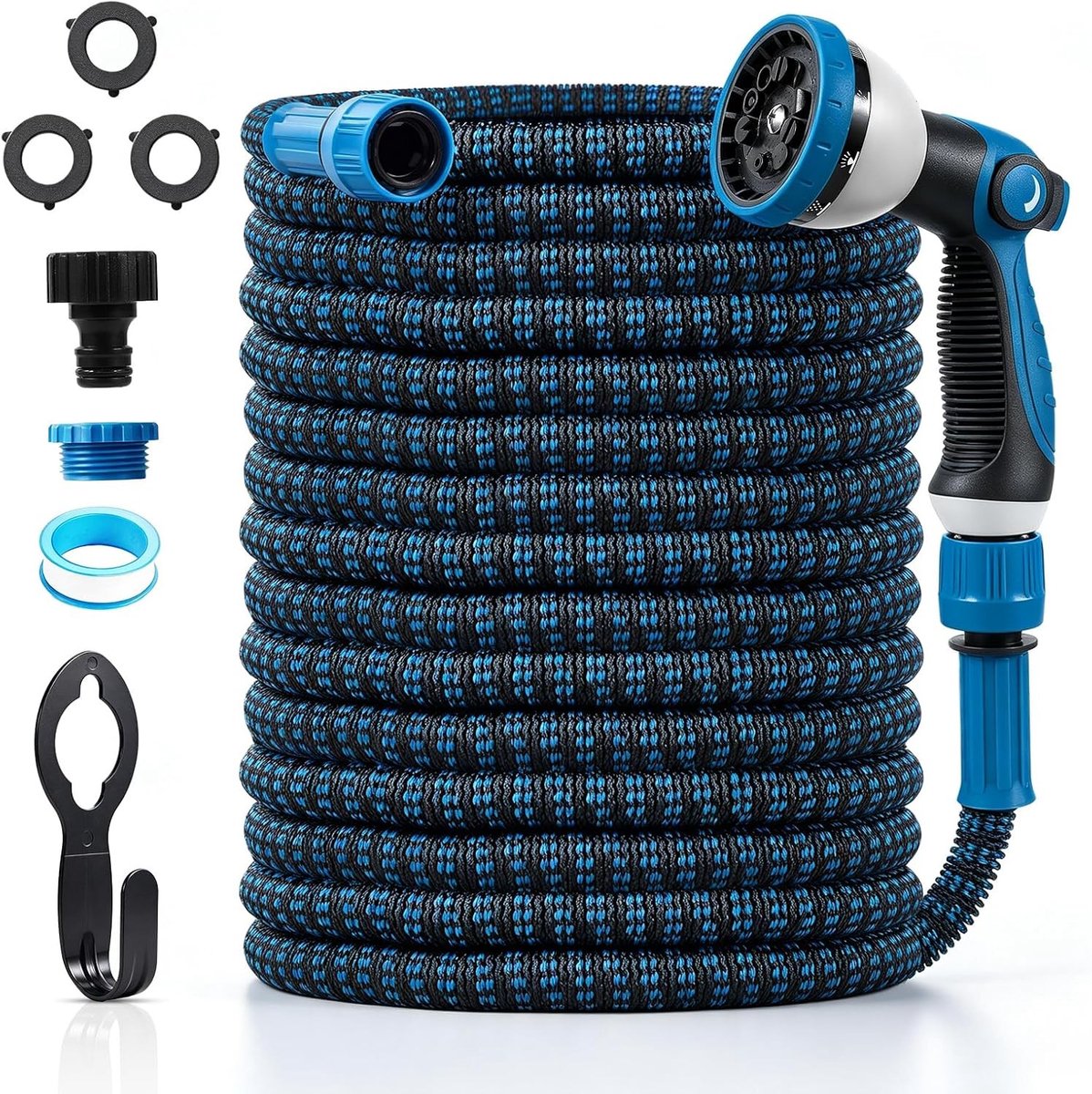 Tuinslang - Zwart-blauw - 30 m - Flexibele Uittrekbare Slang met 10 Sproeimodi - Voor Tuinieren en Reinigen