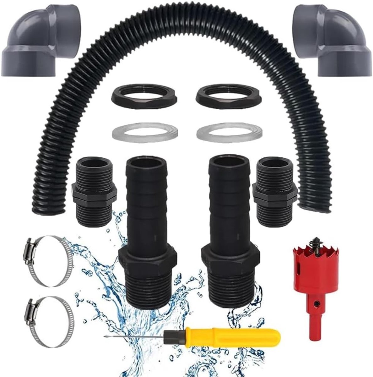 Regenton Verbindingsset met Slang 100 cm - Zwart - Aansluitset voor Regentonnen en Watertanks - Voor Eenvoudige Installatie