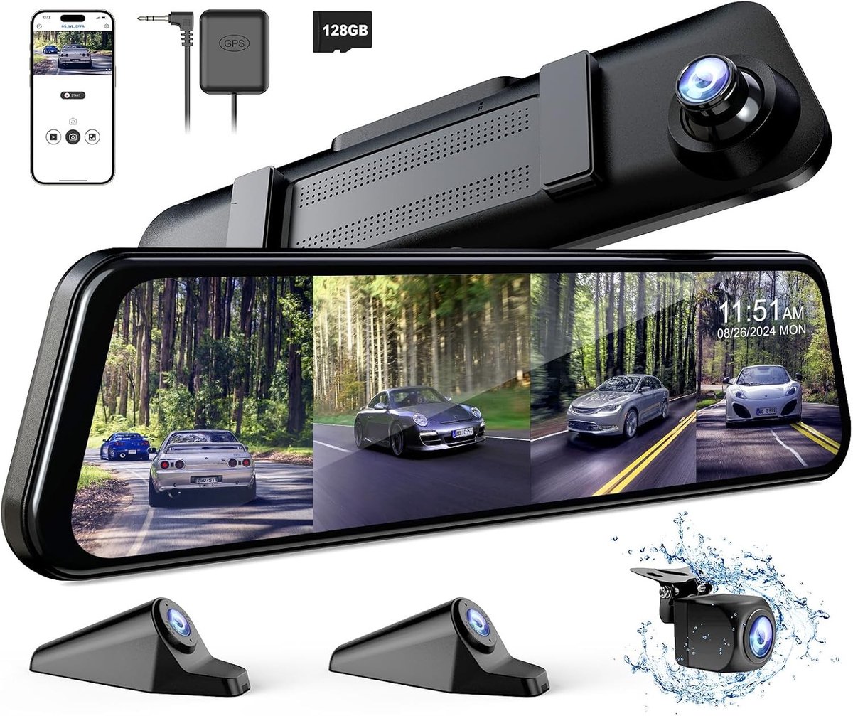 360° 4-kanaals Spiegel Dashcam - Zwart - 12 inch - Met Losse Camera's - Voor Auto's