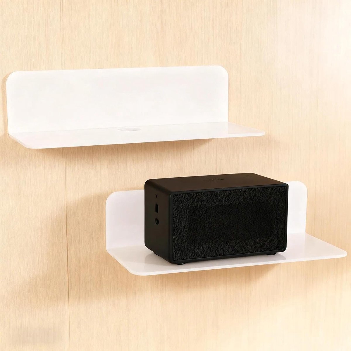 Set van 2 Kleine Wandplanken in Wit - Mini Plank voor Badkamer, Slaapkamer en Woonkamer met Kabeldoorvoer en Eenvoudige Bevestiging zonder Boren