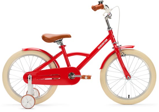 Vélo enfant rouge avec selle et guidon marron, pneus crème et roulettes.