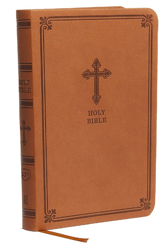 Bible KJV brune avec une croix et 'Holy Bible' sur la couverture. Le dos est décoré de 'Holy Bible' et 'KJV'.