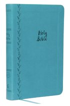 Turquoise Holy Bible met 'Holy Bible' en 'KJV' in reliëf, versierd met een bladerenpatroon aan de zijkant.