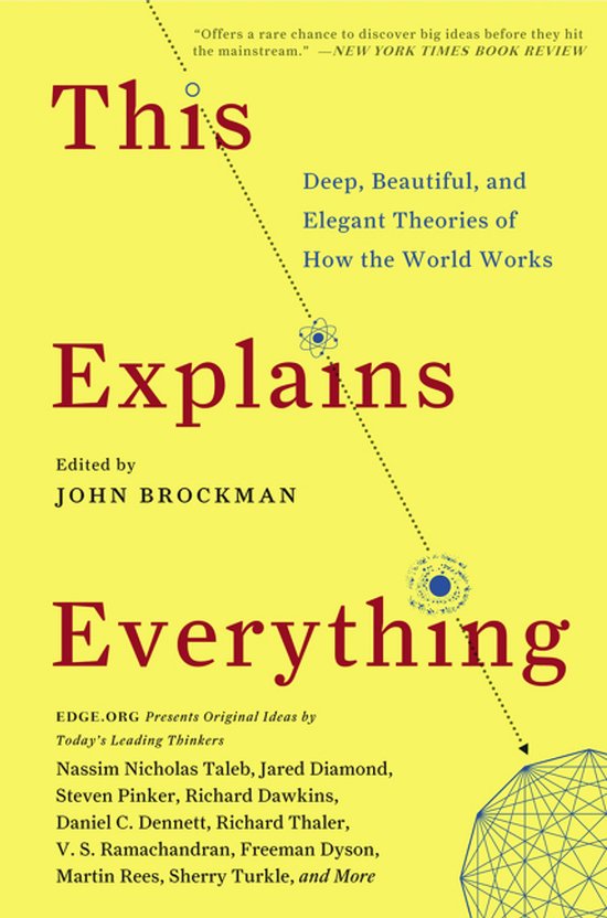 Boekomslag met de titel 'This Explains Everything' in grote rode letters op een gele achtergrond.