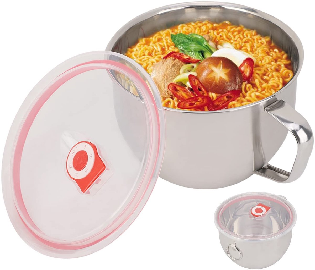Dailygoods- Noodlekom 1300 ml - Roestvrij Stalen Magnetronkom - Soepkom - Instant Noodles - Handvat met Dubbele Lip - 15,5 x 9,5 cm