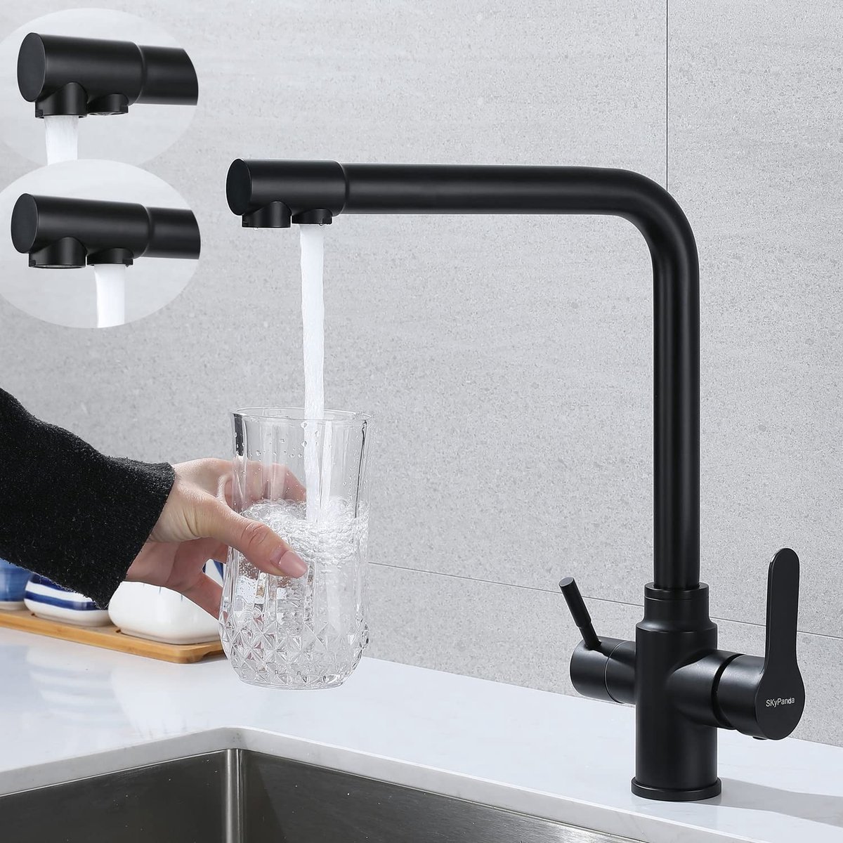 Dailygoods- Keukenkraan 3-weg met 360° draaibaar - Drinkwaterkraan - Roestvrij Staal SUS304 - Dubbele Hendel - 2-uitgangen - Gewicht 2,26 kg - Mengkraan