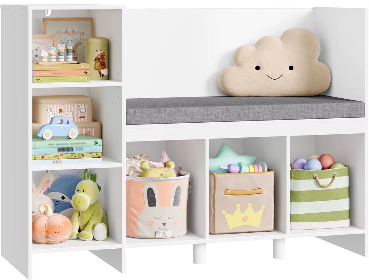JOYNEXTBUY - Kinderboekenkast met Zitbank – 110 cm Speelgoedrek voor Kinderkamer – Opbergkast met Kussen en 6 Vakken – Kinderzitje met Speelgoedopberger - Wit
