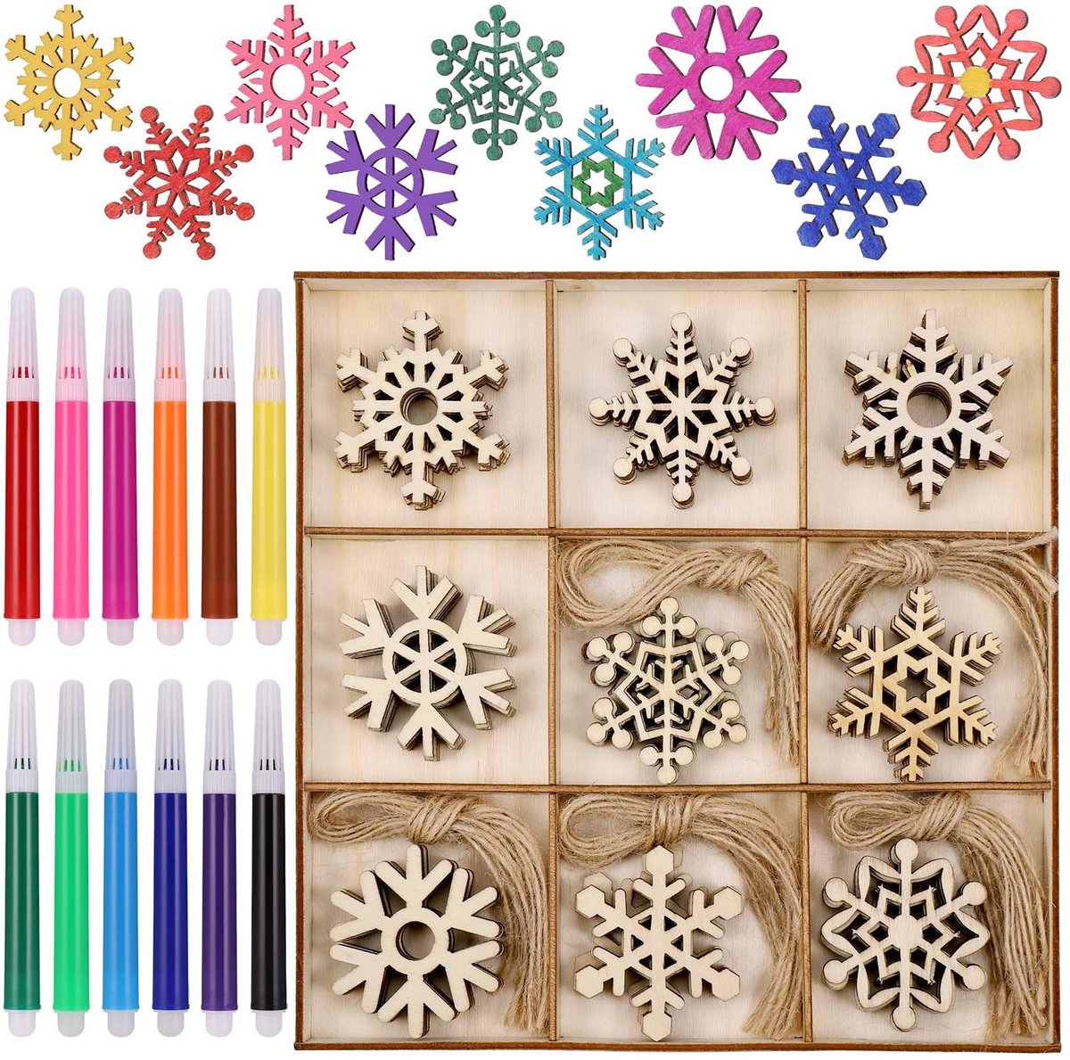 Dailygoods- Sneeuwvlok 45 Stuks - Houten Sneeuwvlokken - Vintage Kerstboomdecoraties - Knutselset met 12 Kleurpennen - Hangende Ornamenten - Geselecteerd Hout 5 cm - Kerstornamenten