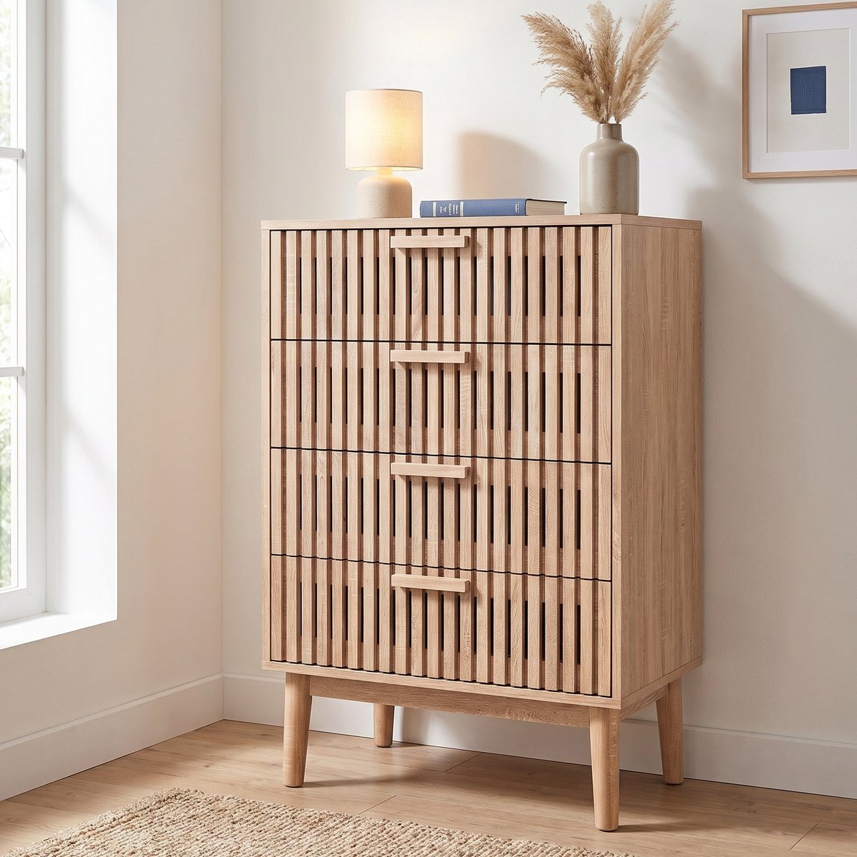 Ladekast - 60x34x91 cm - Opbergkast met 4 lades - hout - lattenontwerp - Houtkleur