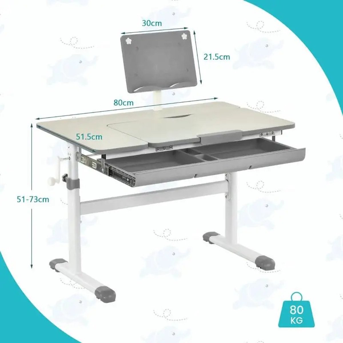 Dailygoods Verstelbaar kinderbureau met kantelbaar blad en lade, ergonomische kinderbureautafel grijs