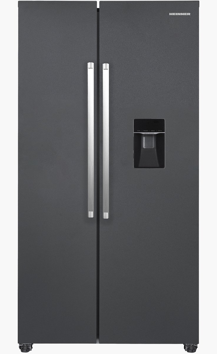 Heinner HSBS-HM529NFINVDGWDE++ American Side-by-Side Koelkast met Waterdispenser 529 L – Total No Frost – Inverter Compressor – Super Freeze – Open-deur Alarm – Vingerafdrukbestendige Afwerking – Antracietgrijs – 5 Jaar Garantie