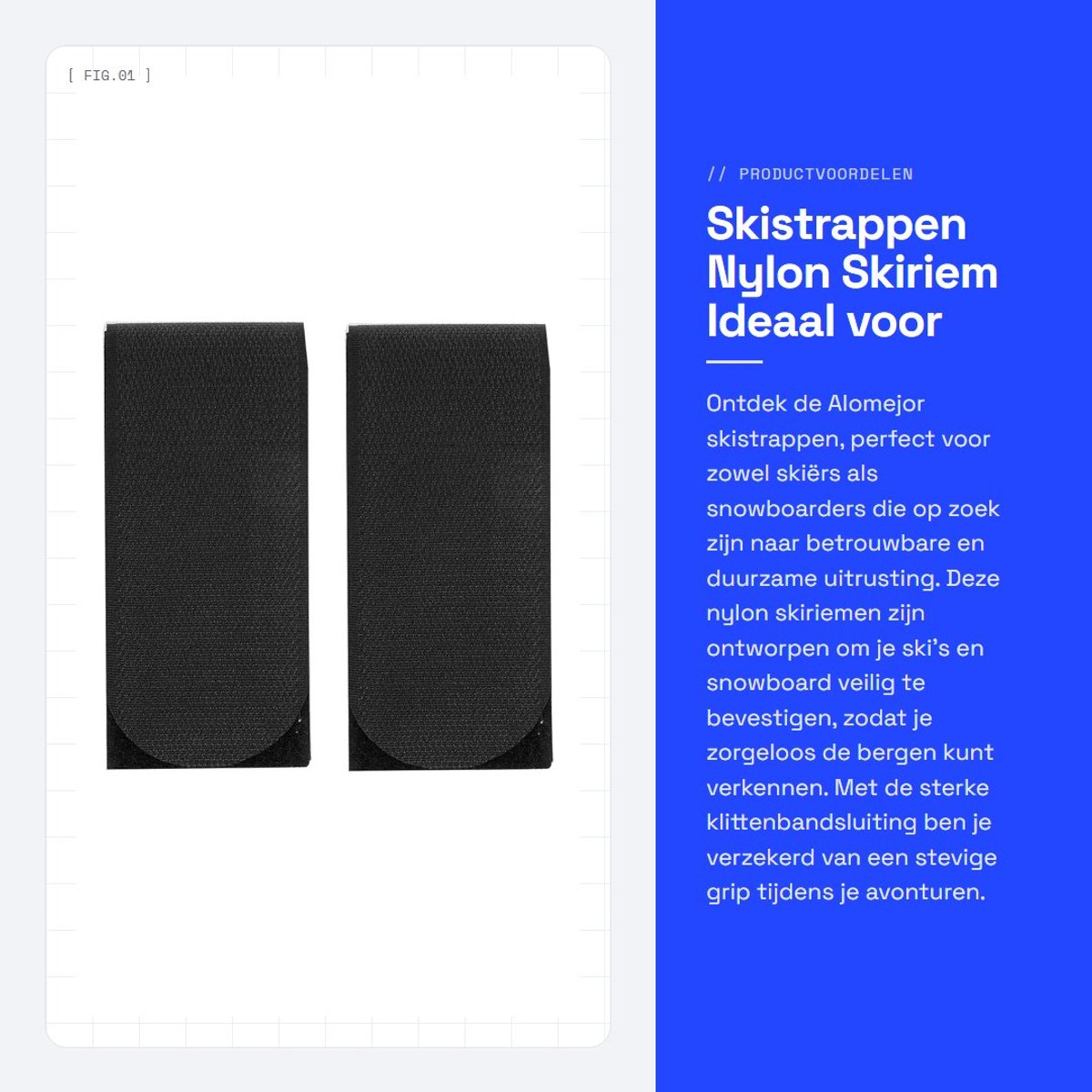 Dailygoods- Skistrappen Nylon - Duurzaam - Skiriem - Skiclip - Klittenband - Eenvoudig te gebruiken - Afmetingen 46x5,5 cm - Skigordel