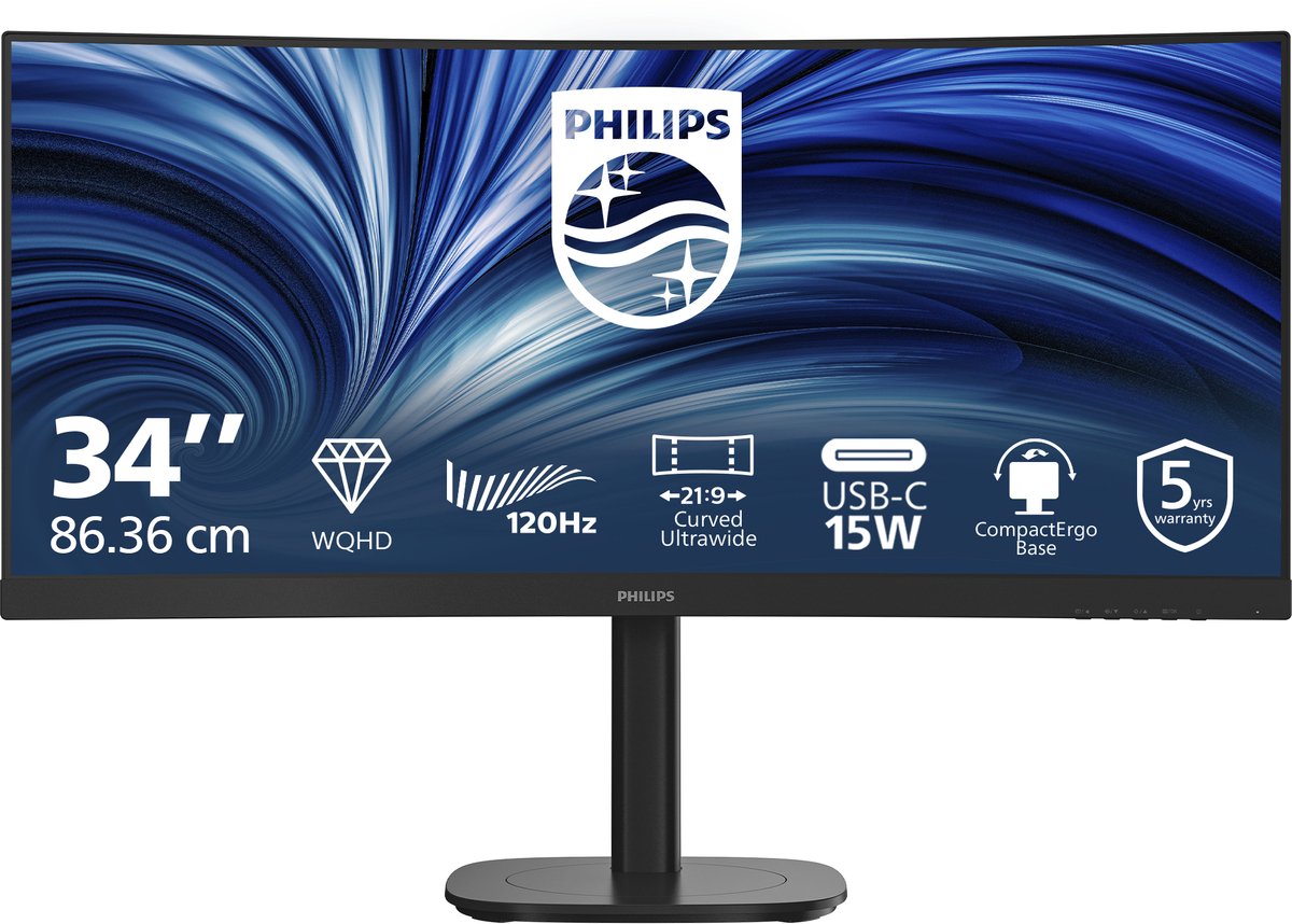 Philips 34B2N3500C - 34 inch Ultrawide Curved QHD Business Monitor - 120Hz - 5 jaar garantie