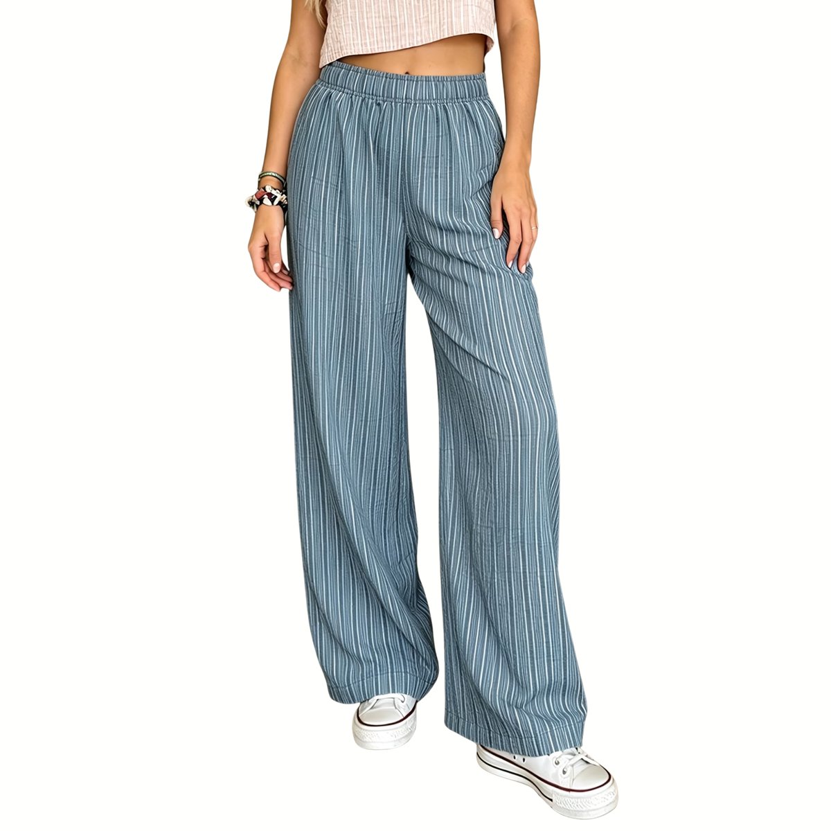 Currero Linnen Broek Dames Zomerbroek Volwassenen Lange Broek Pantalon Strandbroek Zomer Ibiza Stijl Blauwe Strepen