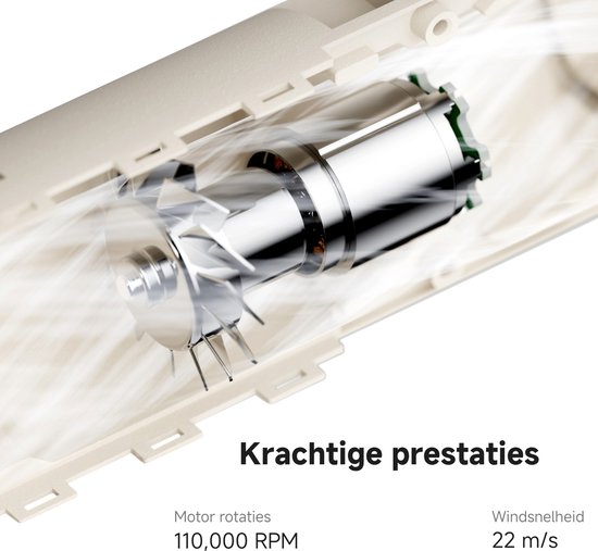 Gedetailleerde weergave van de krachtige motor en luchtstroom van de haardroger. Text: Krachtige prestaties