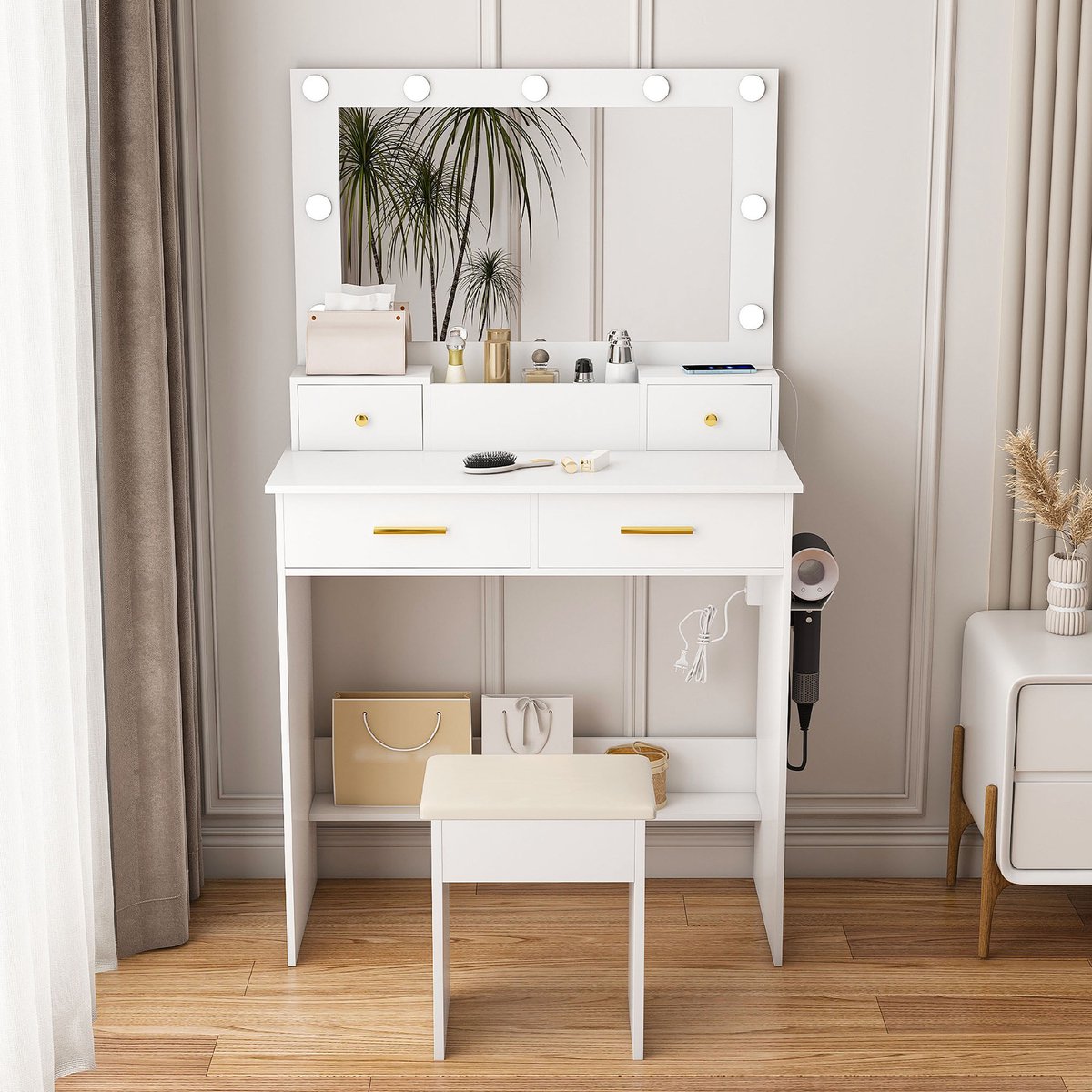 DESMIU Kaptafel - Verlichte Make-uptafel Met Stopcontact En Fohnhouder - Voor Slaapkamer E