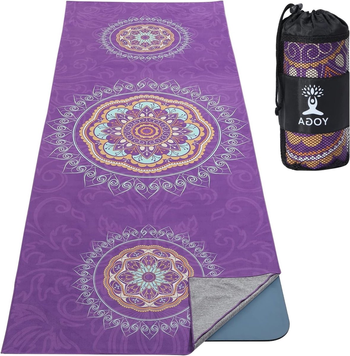 Yoga Handdoek, Antislip en Sneldrogend, Met Bevestigingshoeken, Zachte Yoga Deken met Mandala Print voor Diverse Yoga Oefeningen, Paarse Kleur