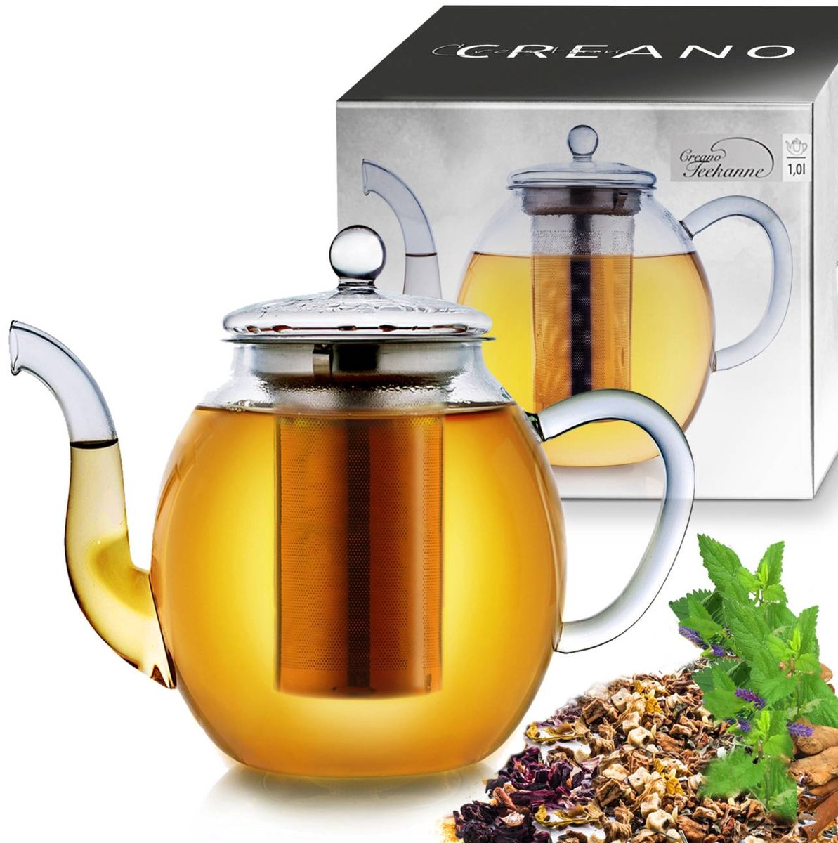 Creano glazen theepot 1,0l, 3-delige theezetter met geïntegreerde roestvrijstalen zeef en glazen deksel, ideaal voor het bereiden van losse thee, druppelvrij, all-in-one