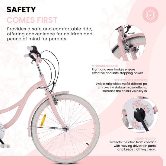 Flower Bike Kinderfiets 24 inch meisjes van 8 tot 12 jaar, Roze, Fiets voor een meisje met 7 versnellingen, bagagedrager, metalen spatborden, V-brake, kettingkast van Flower Bike — afbeelding 4