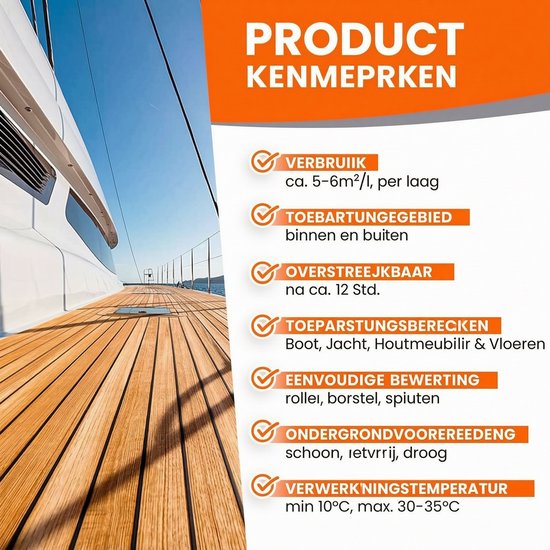 Houten dek van een luxe jacht met productkenmerken.