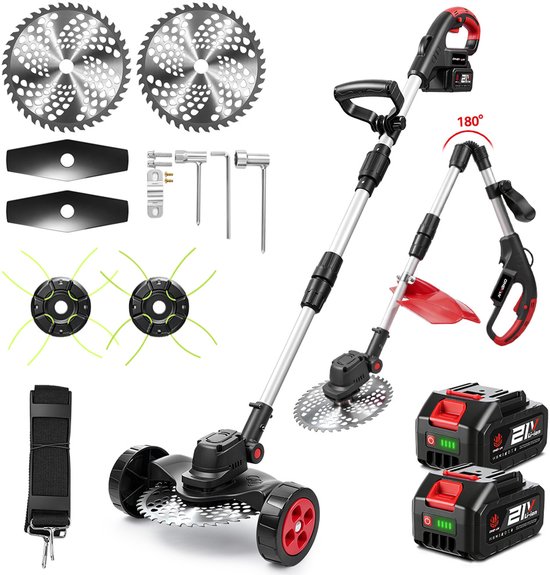 Elektrische grasmaaier met accessoires: 2 grasmaaiers, 2 accu's, oplader, 2 zaagbladen, 2 metalen messen, 2 maaikopen, band en wiel.