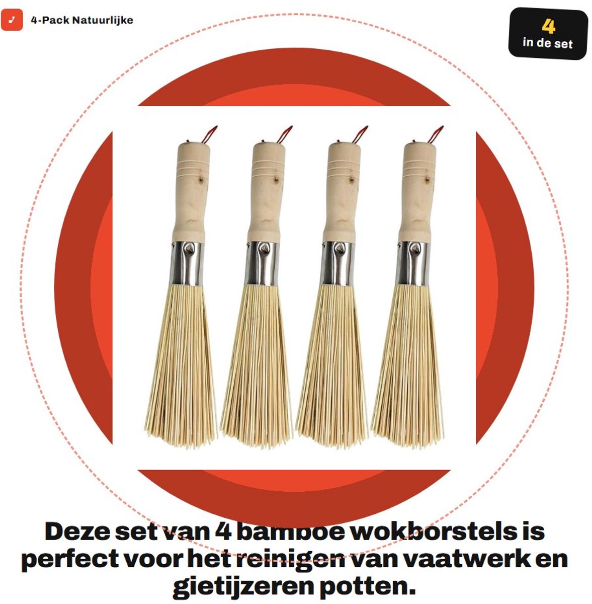 Dailygoods- Wokborstels 4-pack - Natuurlijke Bamboe - Keukenreinigingsborstel - Voor Vaatwerk en Gietijzeren Potten - Milieu-vriendelijk - Perfecte Reiniging van Hete Plekken - Potborstel