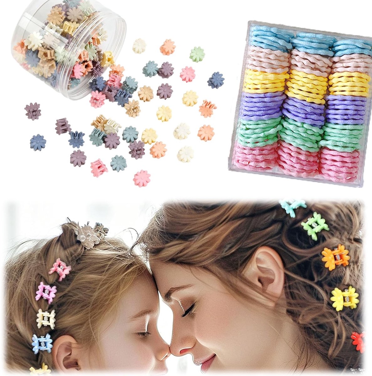 Dailygoods- Haarelastiekjes 100 stuks - Vlechtelastiekjes - Bloemenhaarklemmen 20 stuks - Kleurrijke Haaraccessoires - Hoge elasticiteit - Geschikt voor dames