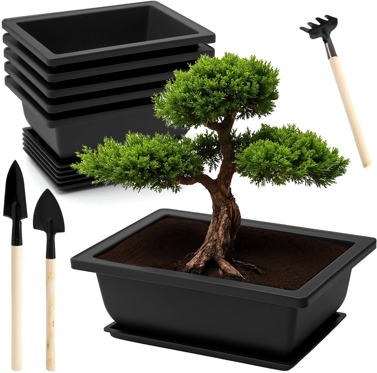 Dailygoods- Bonsaischaal 6 stuks - Onderzetter - Herbruikbare Bonsai-pot - Plantenschaal voor tuin - Tuingereedschapsset - Afmetingen 16,5 x 12 x 6 cm