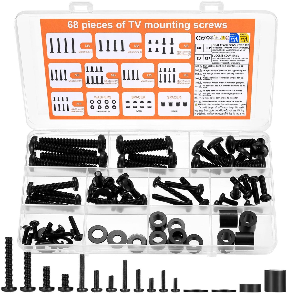 Dailygoods- Schroevenset 68 Stuks - TV-Bevestigingsschroeven - VESA-Schroeven M4/M5/M6/M8 - Hoogwaardig Koolstofstaal - Corrosiebestendig - Assortimentsdoos - Beugelschroeven