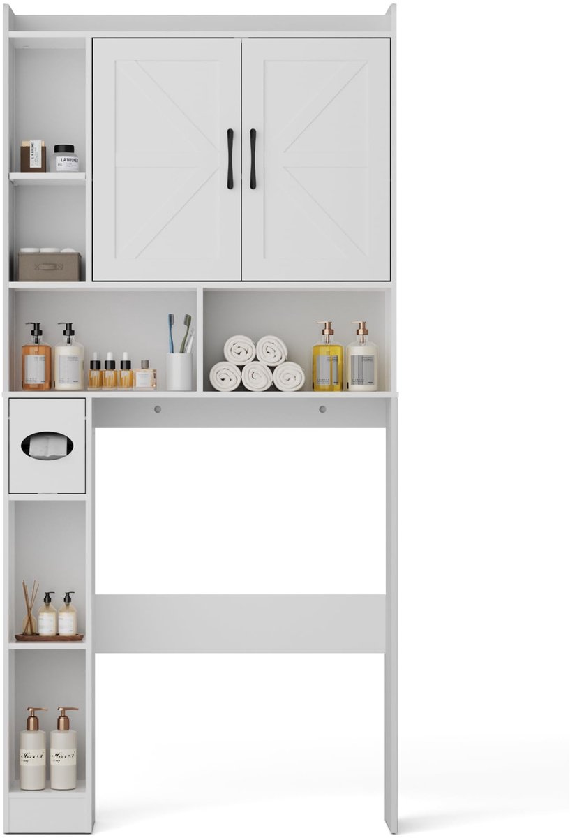 Dailygoods- Wasmachinekast met 2 Deuren - Verstelbare Planken - Wasmachinerek met Zijvak - 6 Open Vakken - Modern Design - Kantelbeveiliging - Opbergkast