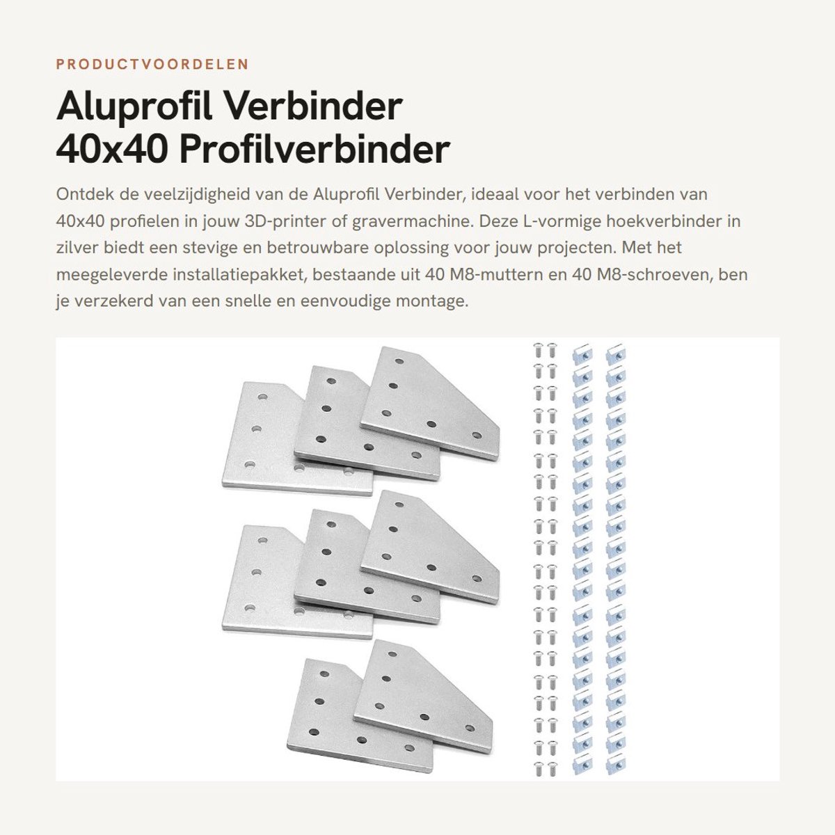Dailygoods- Profilverbinder L - 40x40 Aluminium - 8 Stuks - M8-Muttern - M8-Schrauben - Geschikt voor 3D-printer - Graviermachine - Hoekverbinder