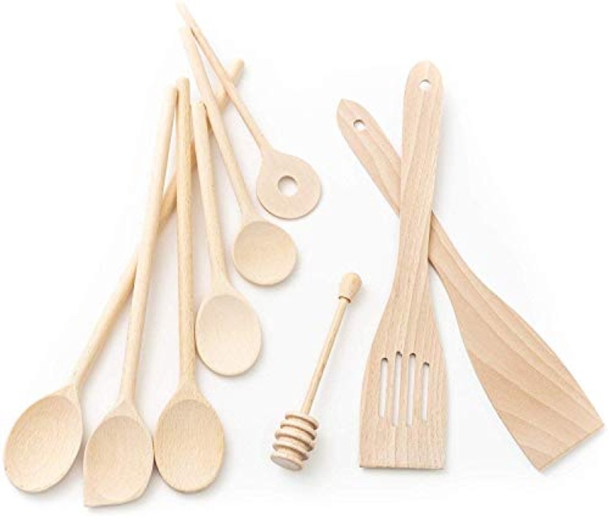 9-delige Keukengereedschapset Hout Beuk - 6 Kooklepels (18-35 cm), 2 Spatels, Honinglepel