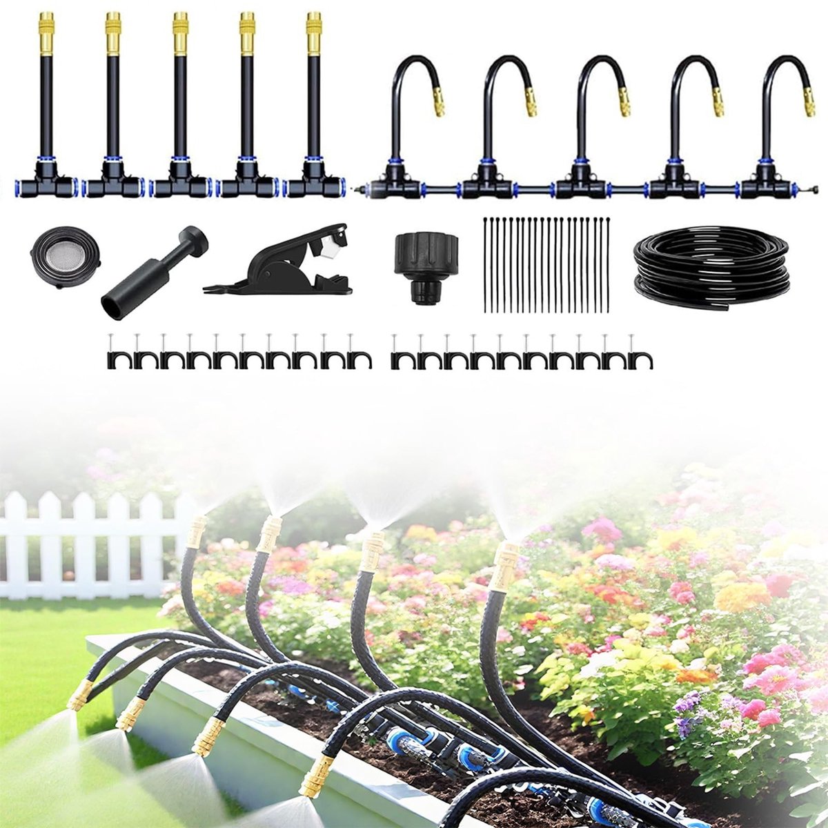 Dailygoods- Irrigatiesysteem 360° Automatisch - Irrigatiesysteemset - Verstelbaar Mondstuk - 10 Meter PE-Buis - Messing Sproeiers - Compleet met Accessoires - Tuinbewateringssysteem