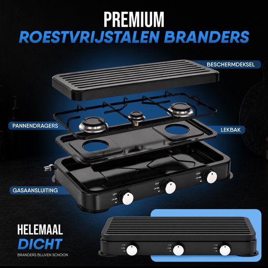 Royal Swiss® Gasfornuis 3-Pits - Gaskooktoestel met Deksel - Camping Kooktoestel - Geschikt voor Propaan en Butaan - Zwart van Royal Swiss — afbeelding 5