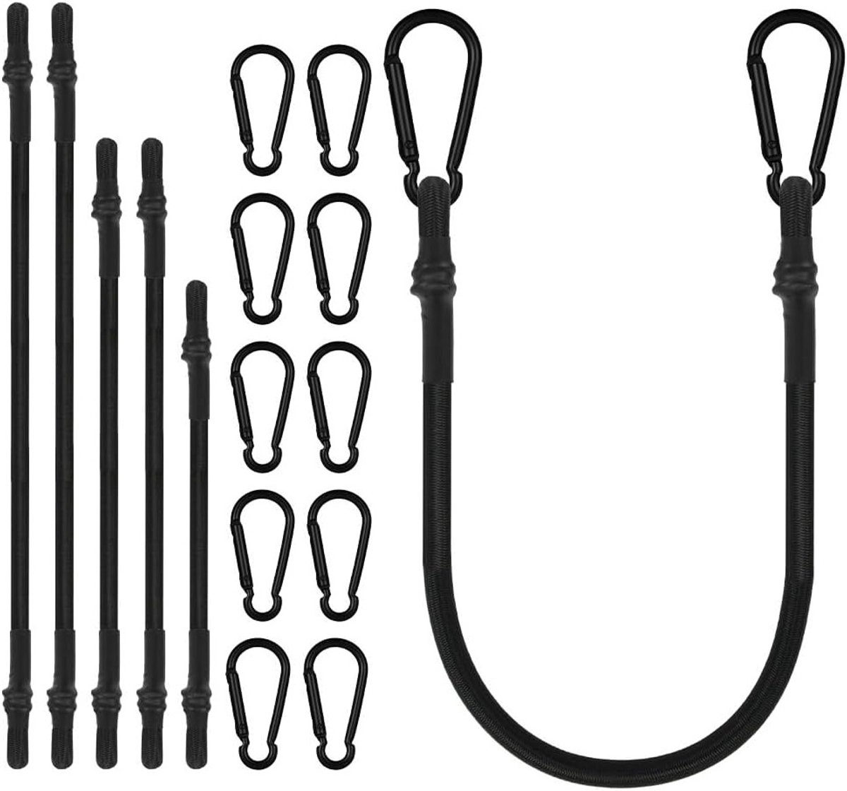 Set van 6 elastische karabiners, extra lange zwarte elastische banden in diverse lengtes (30 cm, 60 cm, 80 cm), verwijderbare en stevige karabiners voor kamperen, tuinpartytenten en outdoor activiteiten.