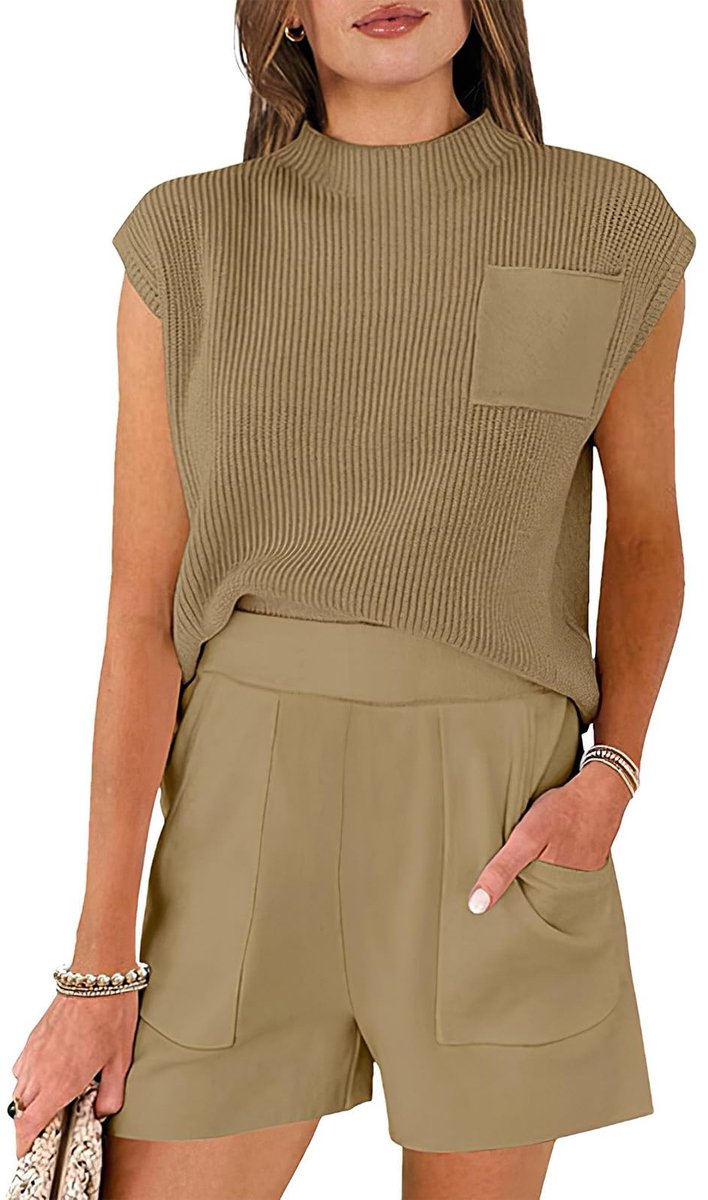 Dailygoods- Zomeroutfit Dames - Tweedelige Set - Gebreide Trui - Hoge Taille Shorts - Relaxed-Fit - Casual Kleding