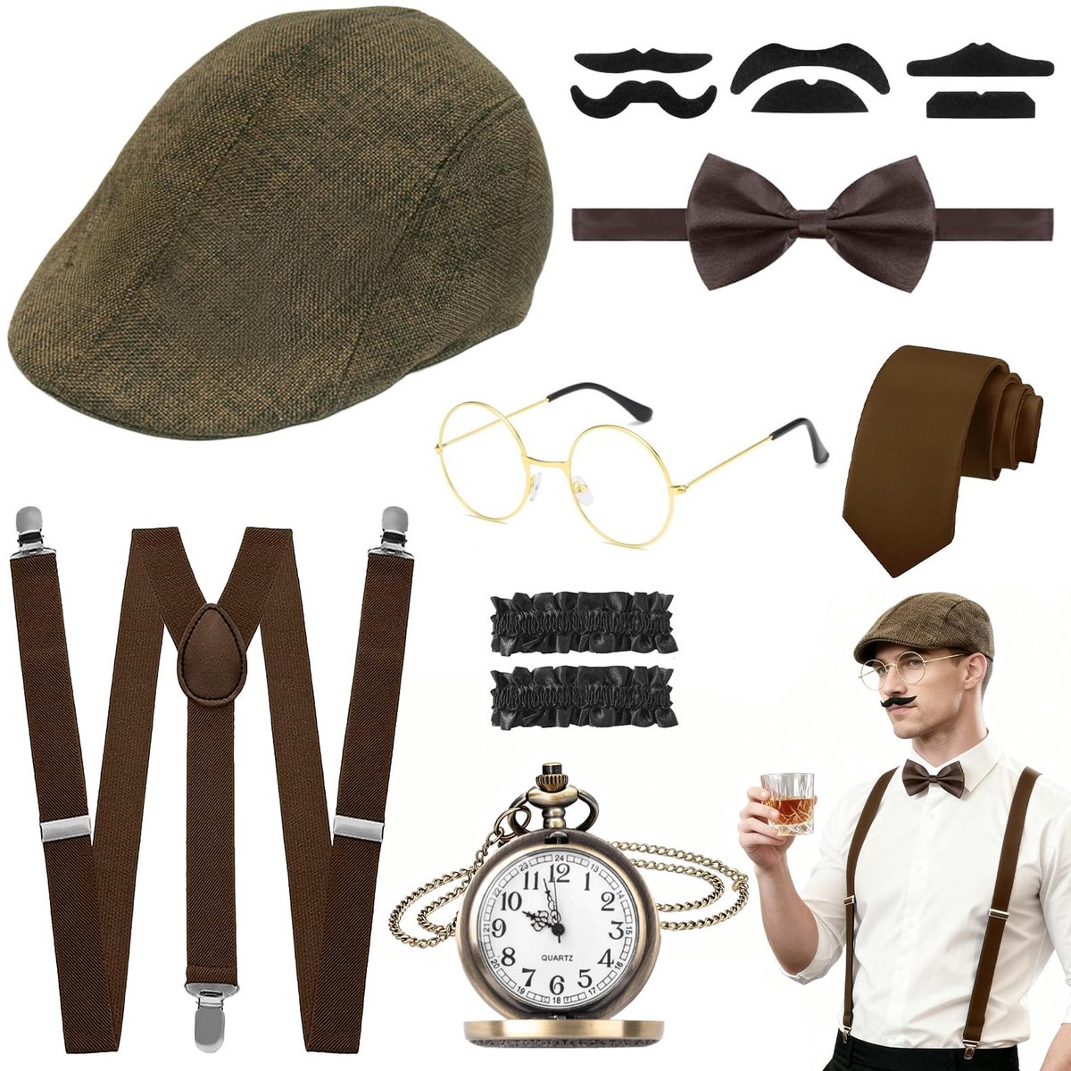 Dailygoods- Accessoires - 1920s Heren Kostuum - 8-delige Set - Gangster/Themafeesten - Huwelijksfeesten - Inclusief Hoed/Zakhorloge - Kostuumset