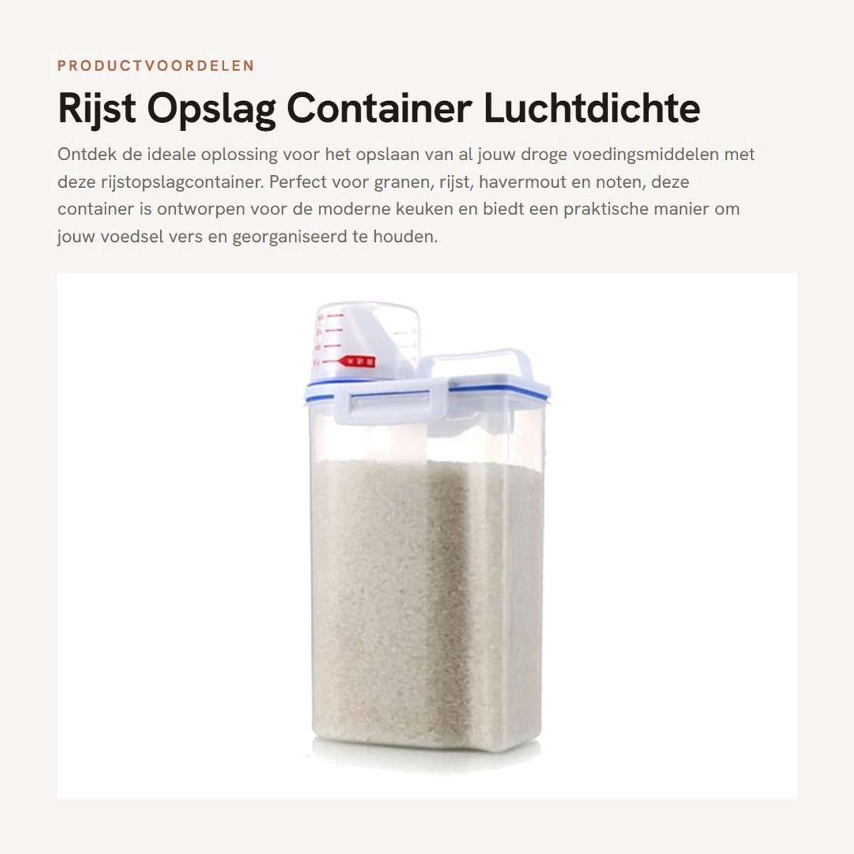Dailygoods- Rijstopslagcontainer 2kg - Luchtdichte Graancontainer - Voedselveilig PP-kunststof - Transparant - Met Maatbeker - 15x7.5x29cm - Voedselopslagcontainer