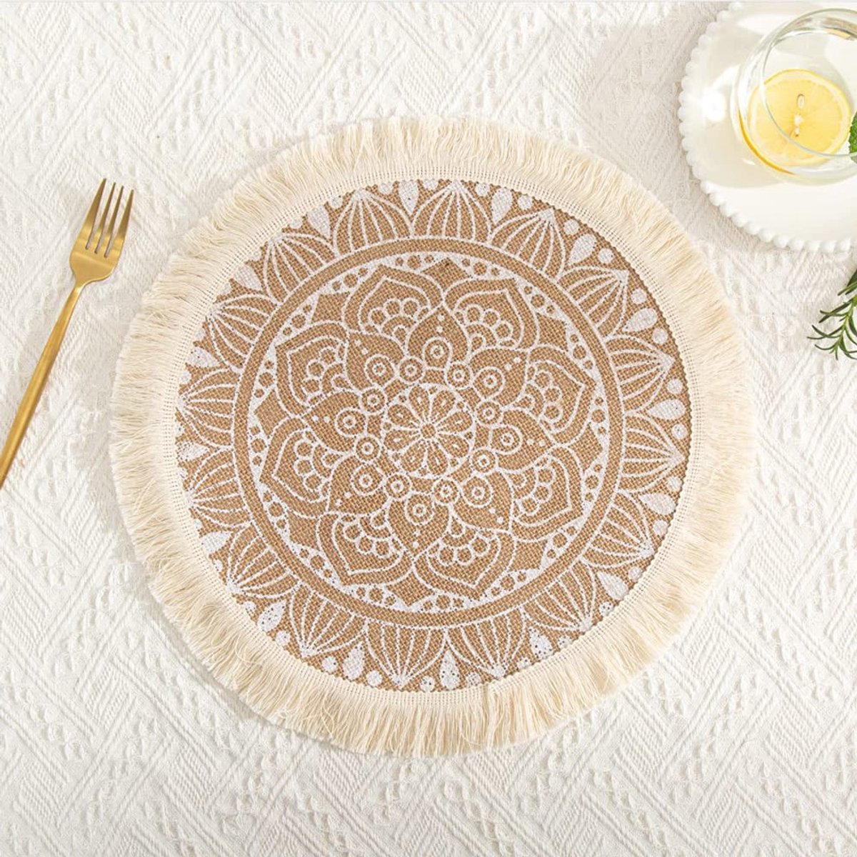 Dailygoods- Jute Placemats Set van 2 - Vintage Handgeweven - Ronde Tafelmatten - 38 cm - Zwart/Wit - Boho Mandala Kwastjes - Tafelmat