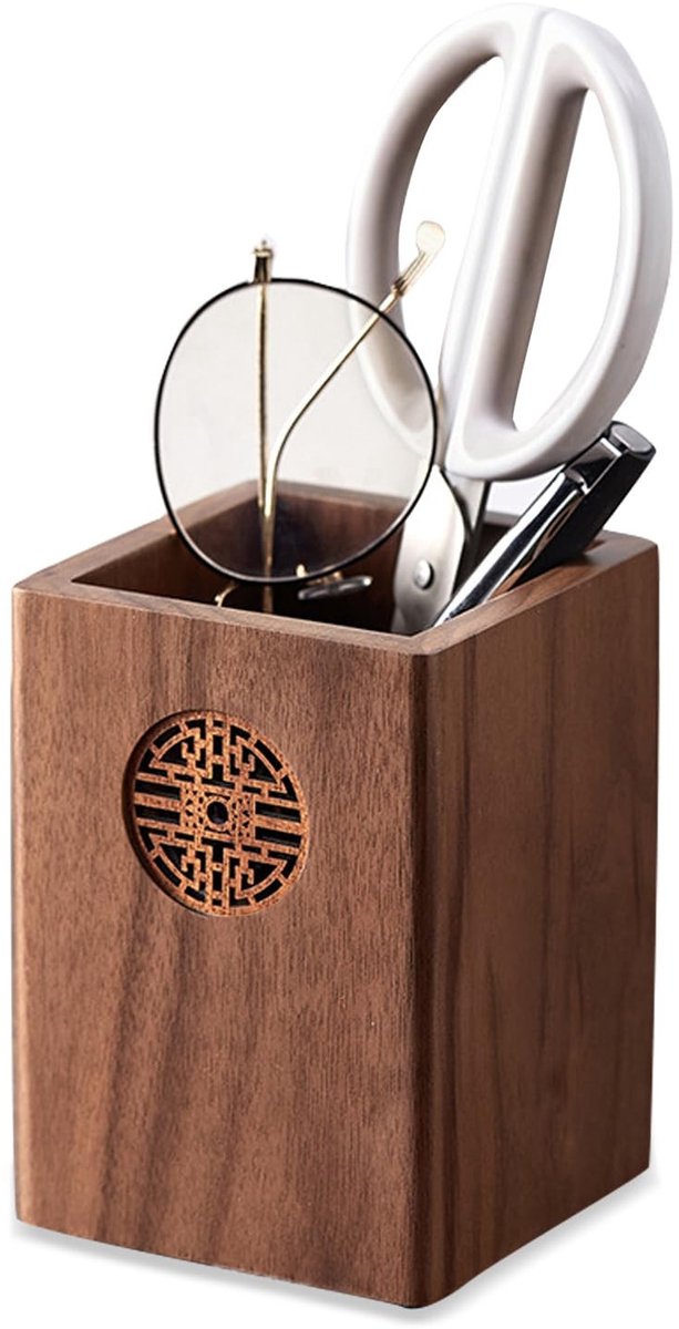 Dailygoods - Houten pennenhouder, vierkante pennenhouder, opbergdoos voor bureau, handgemaakt, geschikt voor briefpapier, make-upborstels, bureaus en kantoren (C)