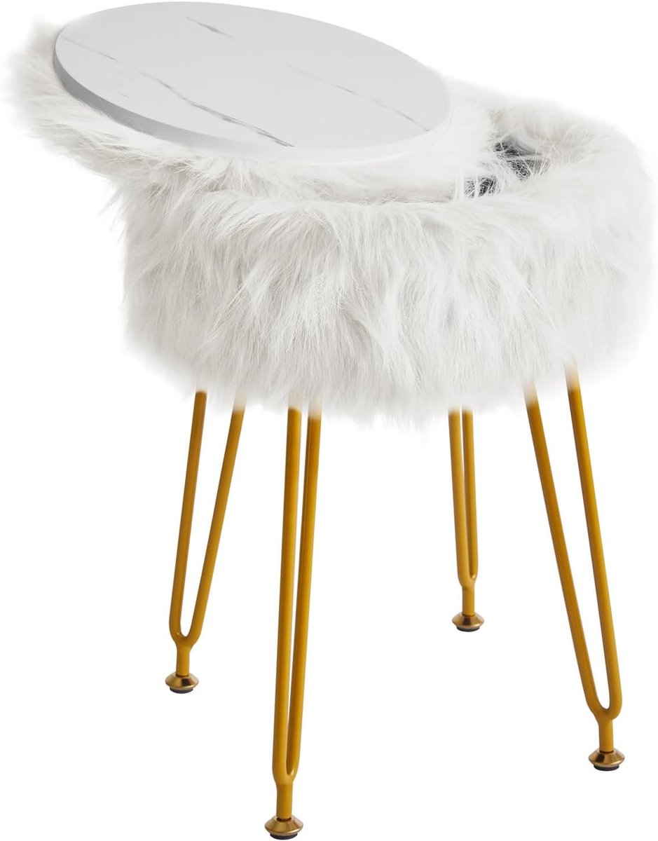 WBD021W Ronde kapkruk met opbergruimte, ottomaanse make-up stoel, zachte gewatteerde zitting, ronde voetenbank met 4 metalen poten, wit