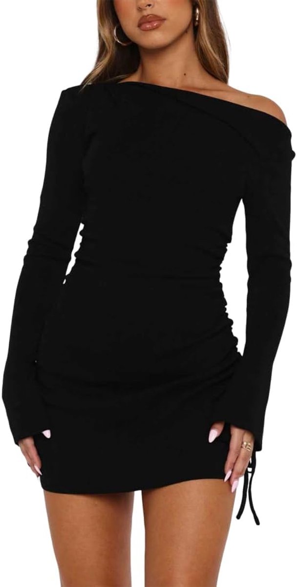 Mini-jurk voor dames, lange mouwen, sexy, schoudervrij, nauwsluitend, feestjurk, elegant, split, korte jurk met trekkoord, bruiloft, feestelijke cocktailjurk, herfstjurk, wikkeljurk