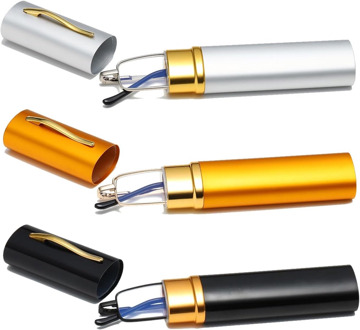 Leesbril in penvorm van metaal, voor heren en dames, leesbril met veerscharnieren, tegen blauw licht, met metalen etui